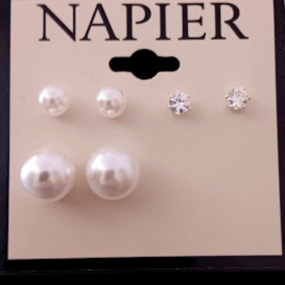 NAPIER 3pc SET Contemporary Silver White Pearl/Clear CZ Stone Stud Earrings~NEW - Picture 3 of 3
